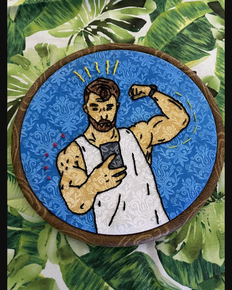 Poolside Selfie, hand embroidery by Sew_Kinky_Threads